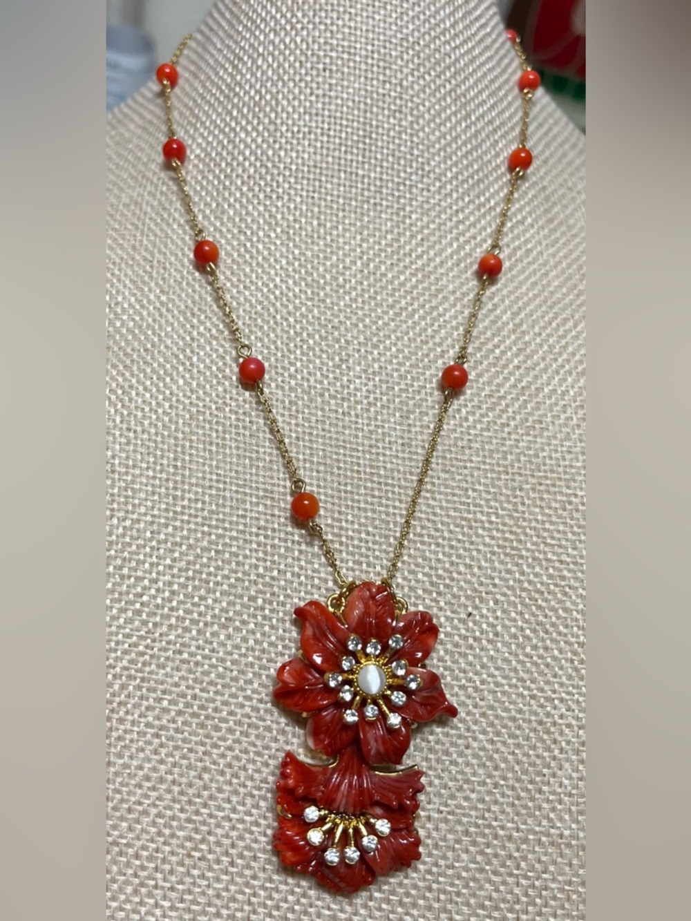 Joan Rivers Gold-Tone Necklace with Red Floral Pendant w/ box